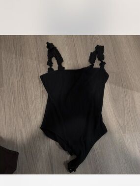 Forever 21 Black Ribbed One-Piece Swimsuit with Ruffle Straps